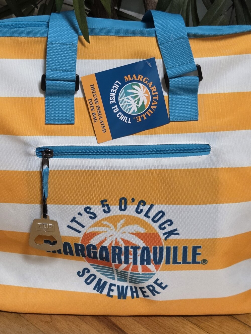 Margaritaville Yellow & White Striped Tote with Teal Handles